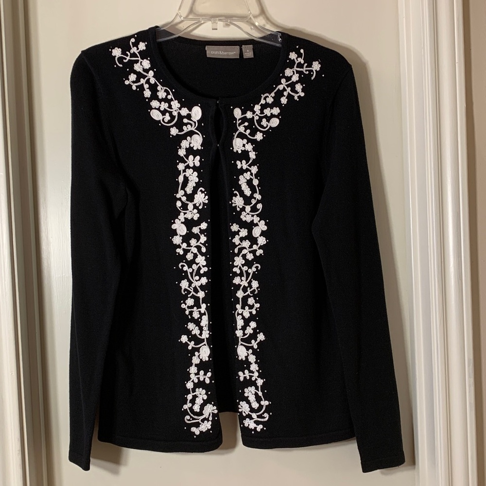 Croft & Barrow Black Cardigan with White Embroidery & White Seed Pearls